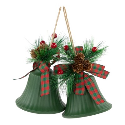 Northlight Christmas Bells with Pinecones and Plaid Bow Ornaments - 7" - Green - Set of 2
