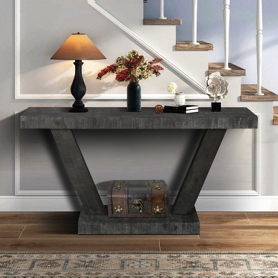 60" Rustic Black Entryway Console Table with Distressed Wood Top,Wide V-Leg Base and 2-Tier Storage Shelf for Hallway-The Pop Home