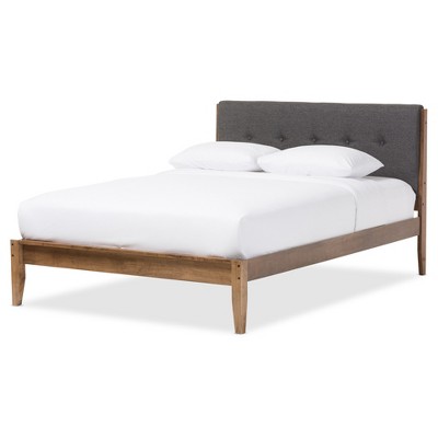King Leyton Mid-Century Modern Fabric Upholstered Platform Bed Gray/Walnut Brown - Baxton Studio: Rubberwood Frame, No Box Spring Needed