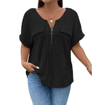 Tops for Women V Neck Zipper Fake Pocket T-Shirts Oversized Ladies Tops Ribbed Short Sleeve Tunic Top