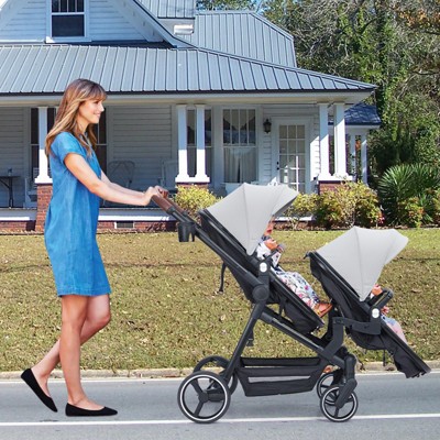 Double Stroller for Infants and Toddlers, Foldable Tandem Stroller, Reversible Pushchair Bassinet Pram with Large Storage Basket
