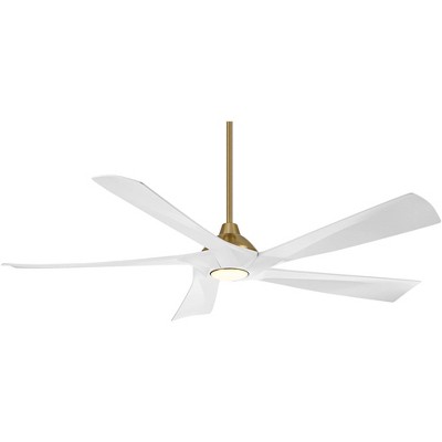 Possini Euro Design 60" Eloquent Modern Indoor Outdoor Ceiling Fan 5 Blade LED Light Remote Control Brass Finish White Blades Bedroom Patio Damp Rated