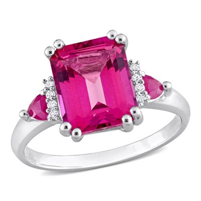 EVERLY JEWELRY | Sterling Silver 4 1/2ct TGW Octagon-Cut Pink Topaz & Trilliant-Cut Ruby Diamond Accent 3-Stone Ring
