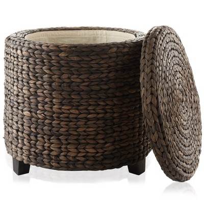 Casafield 17" Round Storage Ottoman with Lid, Handwoven Footrest for Living Room, Bedroom, Bathroom, Home Office