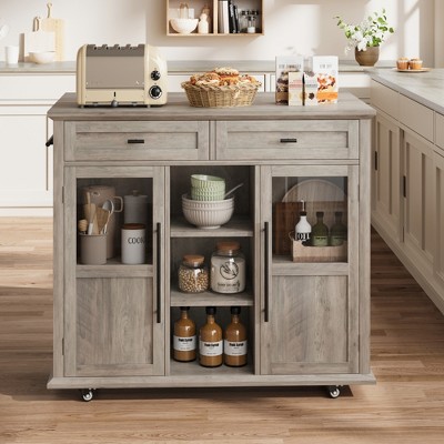 Kitchen Island Cart on Wheels with Foldable Table, 2-Tier Rolling Kitchen Cart with Storage Shelf & Towel Rack, Mobile Workstation for Small Spaces