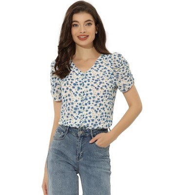 Allegra K Women's Button Front Puff Short Sleeves Chiffon Floral Top