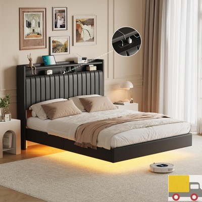Jojoka Bed Frame with LED Lights and Charging Station, PU Leather Headboard with Storage Shelf, No Box Spring Needed