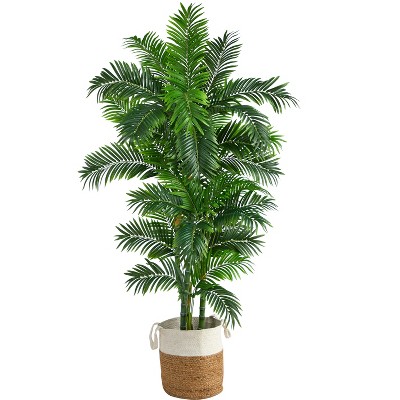Nearly Natural 6-ft Curvy Parlor Artificial Palm Tree in Handmade Natural Jute and Cotton Planter
