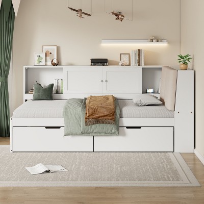 Twin/Full Size L-shaped Daybed Corner Bed with Drawers, Storage Bookcase, Upholstered Headboard, Power Outlets and USB Port-ModernLuxe
