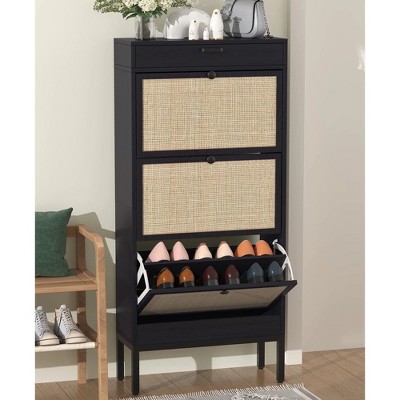 Brafabhome Rattan Shoe Storage Cabinet with 3 Flip Drawers, Freestanding Narrow Entryway Shoe Organizer for Slippers, Sneakers, Boots, Holds 18 Pairs