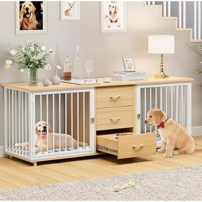 QuestaPack 74" Double Dog Crate Furniture with 2 Feeder Bowls