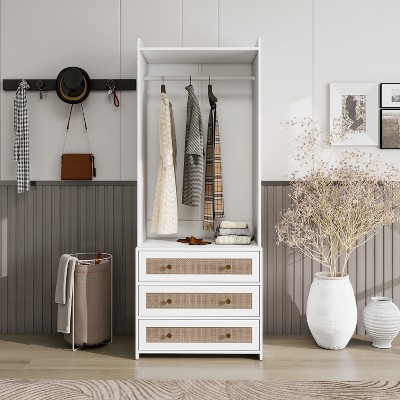 GDFStudio Michelle Rattan and Wood Clothing Armoire with 3 Drawers and Hanging Rod