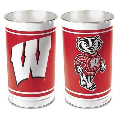 NCAA Wisconsin Badgers Waste Basket: Indoor Tin Trash Can, Open Top Design