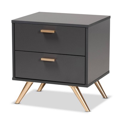 Kelson Wood 2 Drawer Nightstand Dark Gray/Gold - Baxton Studio: Modern Bedside Furniture, Gold-Tone Legs