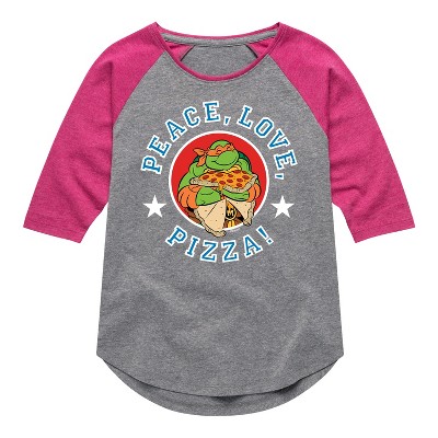 Girls' - Teenage Mutant Ninja Turtles - Peace Love Pizza Shirt Tail Raglan Graphic T-shirt