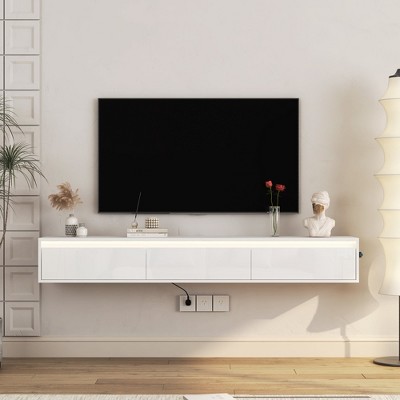 MOEPISY Floating TV Stand, Wall Mounted TV Shelf with Power Outlet, High Gloss TV Cabinet for TV Stands
