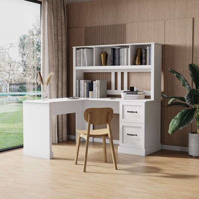 PAGED Home Office Computer Desk with Hutch, Writing Desk with 2-Tier Open Shelf and 2 Large Drawer for Living Room
