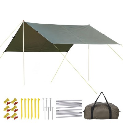 Garvee 13X9FT Camping Tarp, Hammock Rain Fly Camping Tarp Waterproof with 2 Aluminum Poles, Lightweight Backpack Tent tarp for Traveling, Green