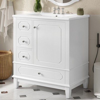 30" Freestanding Bathroom Vanity with Ceramic Sink, Solid Rubber Wood Frame, 3 Drawers, Soft-Close Door, Storage Shelves - ModernLuxe