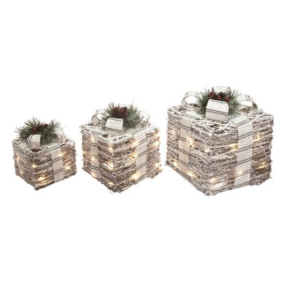 Transpac Metal 12.99 in Silver Christmas Light Up Ticking Stripe Bow Present Decor Set of 3 for Holiday Decor