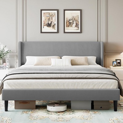 Garvee Queen Upholstered Bed Frame with Wingback Headboard, Luxurious Velvet Upholstery Platform Bed, Wooden Slat Support, Box Spring Optional