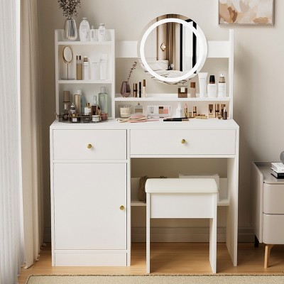 MOEPISY Fashion Vanity Desk with Mirror and Lights for Makeup and Cushioned Chair