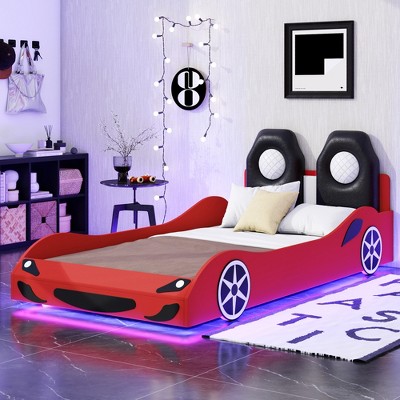 TIRAMISUBEST Wood Twin Size Race Car-Shaped Platform Bed with LED Light and Upholstered Backrest, Modern Car Bed Frame with Slats Support