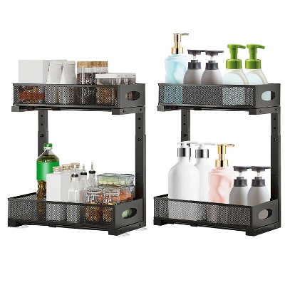 NewHome "2Pcs Under Sink Organizer, 2-Tier Pull-Out Cabinet Baskets with Adjustable Mesh Shelves for Storage" Black