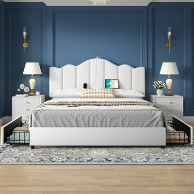 VECELO Queen/Full Size Platform Bed Frame with Type-C & USB Charging Stations and 4 Storage Drawers, Upholstered Adjustable Headboard, Beige