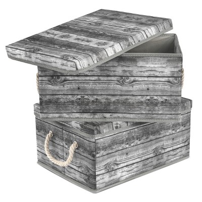 Sorbus Storage Box with Carry Handles and Lid - Wooden Pattern, 2 Pack