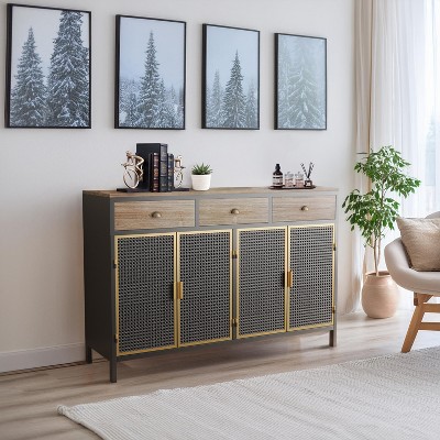 48inWide 4 Doors Modern Sideboard with 3 Top Drawers, Freestanding Sideboard Storage Cabinet Entryway Floor Cabinet for Living Room Office Bedroom