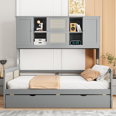 Twin/Full Size Wooden Daybed with Trundle, Built-in Storage Cabinet & Shelves, Multifunctional Bed Frame for Kids & Guests, White/Gray - ModernLuxe