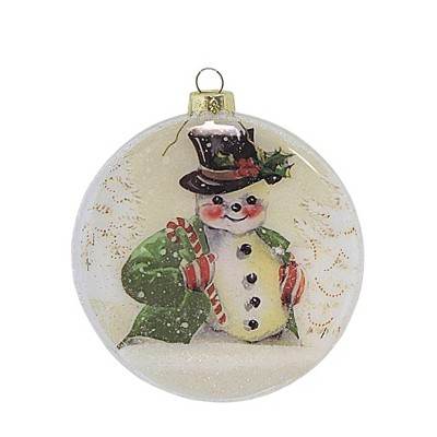 Bethany Lowe 4.0 Inch Snowman Glass Disk Ornament Tree Ornament , Christmas Candy Cane Top Hat (1PC)