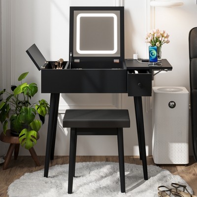28"W Versatile Makeup Vanity Desk Vanity Table Dressing Table Set with Cushioned Stool,3-Mode Lighted Mirror,Drawers,Charging Station,Black-ModernLuxe