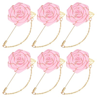 Unique Bargains Wedding Rose Men Suit Boutonnieres Lapel Pin with Gold Leaf Brooch 6 Pcs