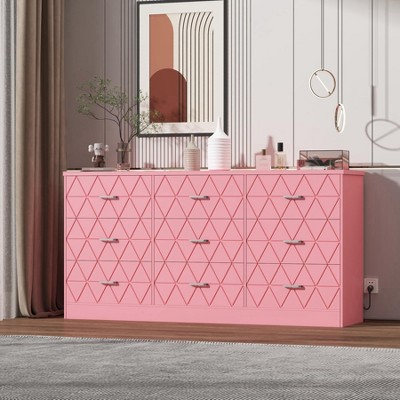Zstar Modern Accent 9 Drawer Triple Dresser, Wood Storage Cabinet for Bedroom with Power Outlets