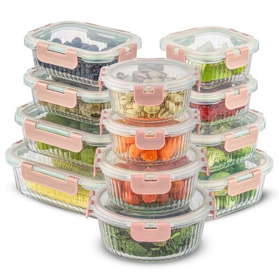 JoyJolt 24 Piece Fluted Glass Food Storage Containers with Leakproof Lids Set - Pink