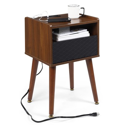 Nightstand, Rustic Bedside Table with Drawer, Open Storage Shelf & Charging Station, Living Room End Table Side Table