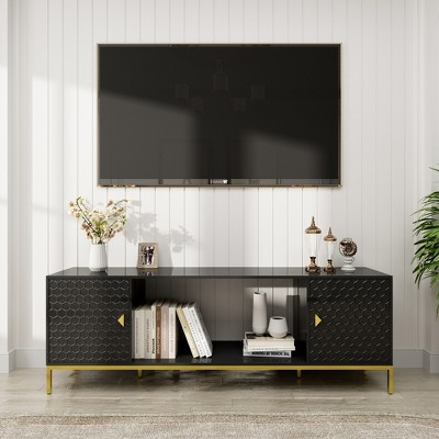 Grungis TV Stand with Open Shelf for TVs Up to 70 Inch,Console Table with 2 Cabinets and Metal Legs for Bedroom,Living Room