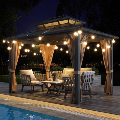 Hardtop Gazebo, Outdoor Polycarbonate Double Roof Canopy, Aluminum Frame Permanent Pavilion with Curtains