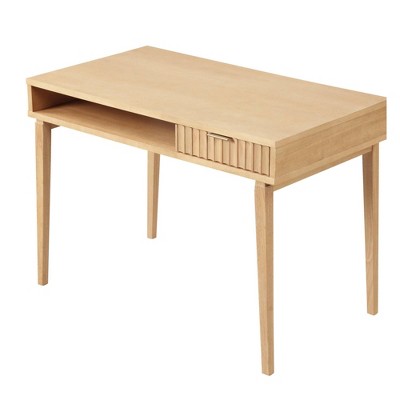 Nathan James Boho Wood Fluted Desk with Drawer and Open Cubby Natural Brown: Veneer Surface, Wood Frame, Spot Clean, 31"H x 43"W x 24"D