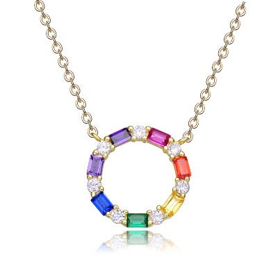 Guili 14K Gold Plated Rainbow Cubic Zirconia Circle Pendant Necklace- A Dazzling Spectrum of Colors that Adds Vibrancy and Elegance to Any Look
