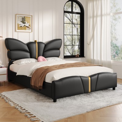Lyngins Modern Butterfly-Shaped Platform Bed Frame with PU Leather Upholstered Headboard, Queen Bed Frame with Gold Metal Decor, No Box Spring Needed