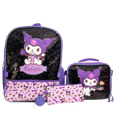 Sanrio’s Kuromi 4 Piece Backpack Set, Hello Kitty Kawaii Flip Sequin Girls School Bag with Front Zip Pocket, 2 Side Mesh Pockets, Black & Purple