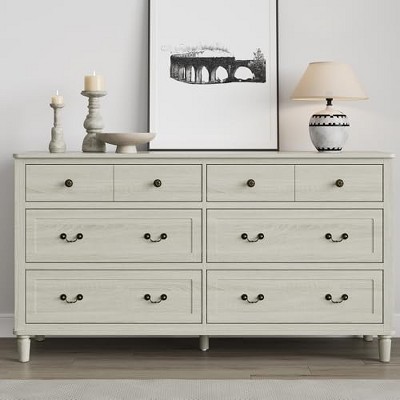 Heynemo Large 6 Drawer Dresser for Bedroom, 58" Wide Modern Chest of Drawers, Dresser TV Stand with Metal Handle, Wood Drawer Organizer, Grey Light