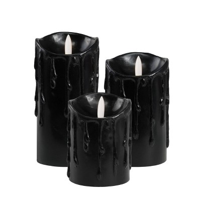 LumiPur 3pk Essential Natural Glow Halloween Flameless LED Wax Scalop Drip Pillar Set Black