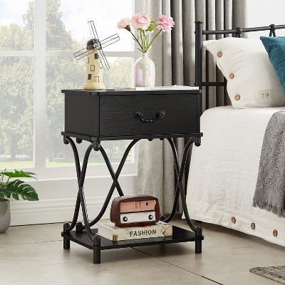 VECELO 1-Drawer Nightstand End Side Table Modern X Design Metal Bedside Table with Open Shelf Brown/Black/White