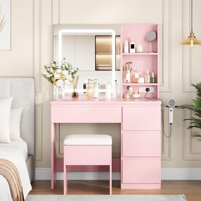 Vanity Desk with Mirror and Lights - Modern Makeup Dressing Table with Outlets, Storage Stool