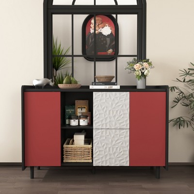 Sideboard Buffet Cabinet, with Red Doors , 2 Drawers with unique panel styling and 2 Open Storage Compartment,for Kitchen, Dining Room
