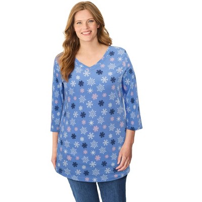 Woman Within Perfect Printed Three-Quarter Sleeve V-Neck Tee